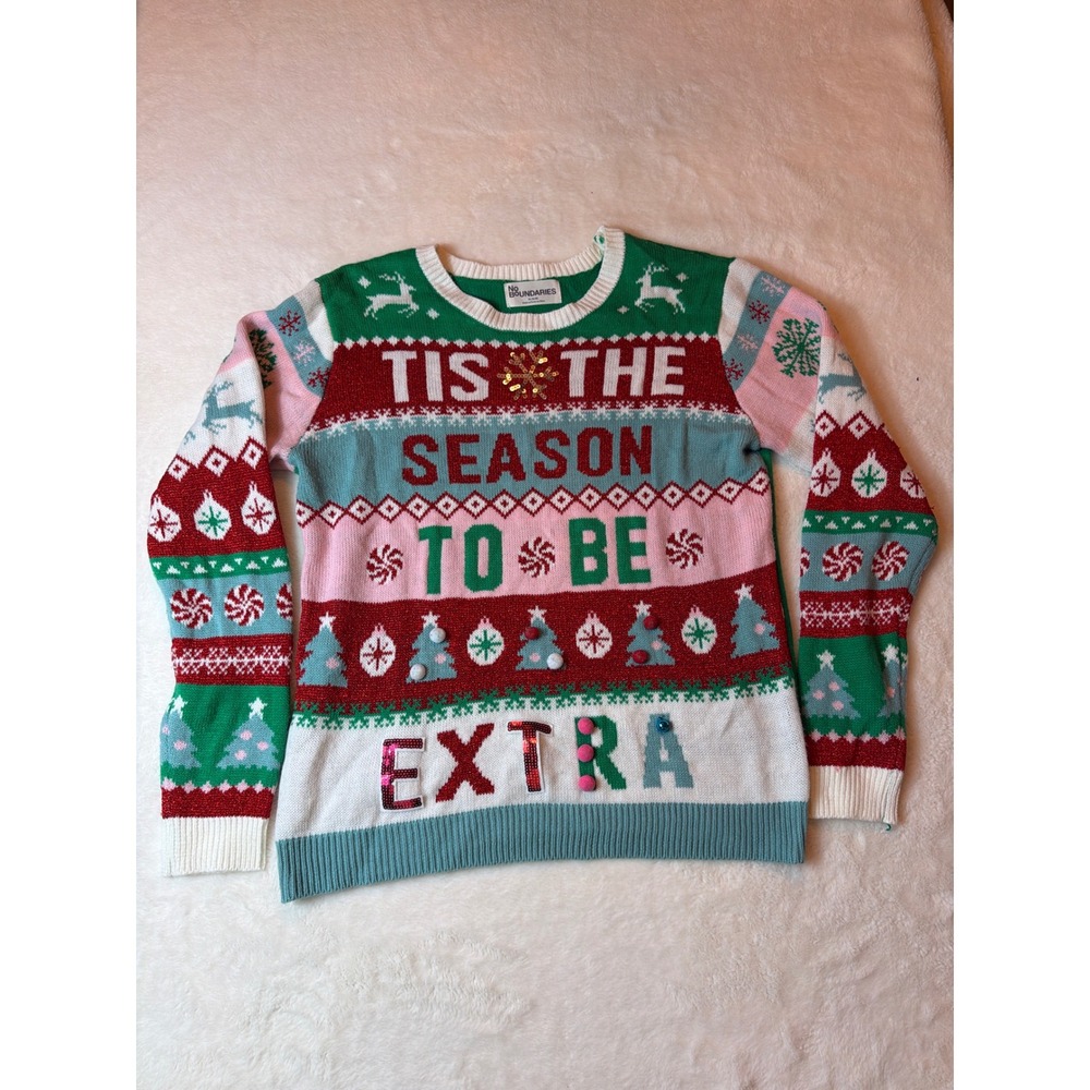 No Boundaries Holiday Sweater XL Tis The Season To Be Extra Sequin Pom Pom Green